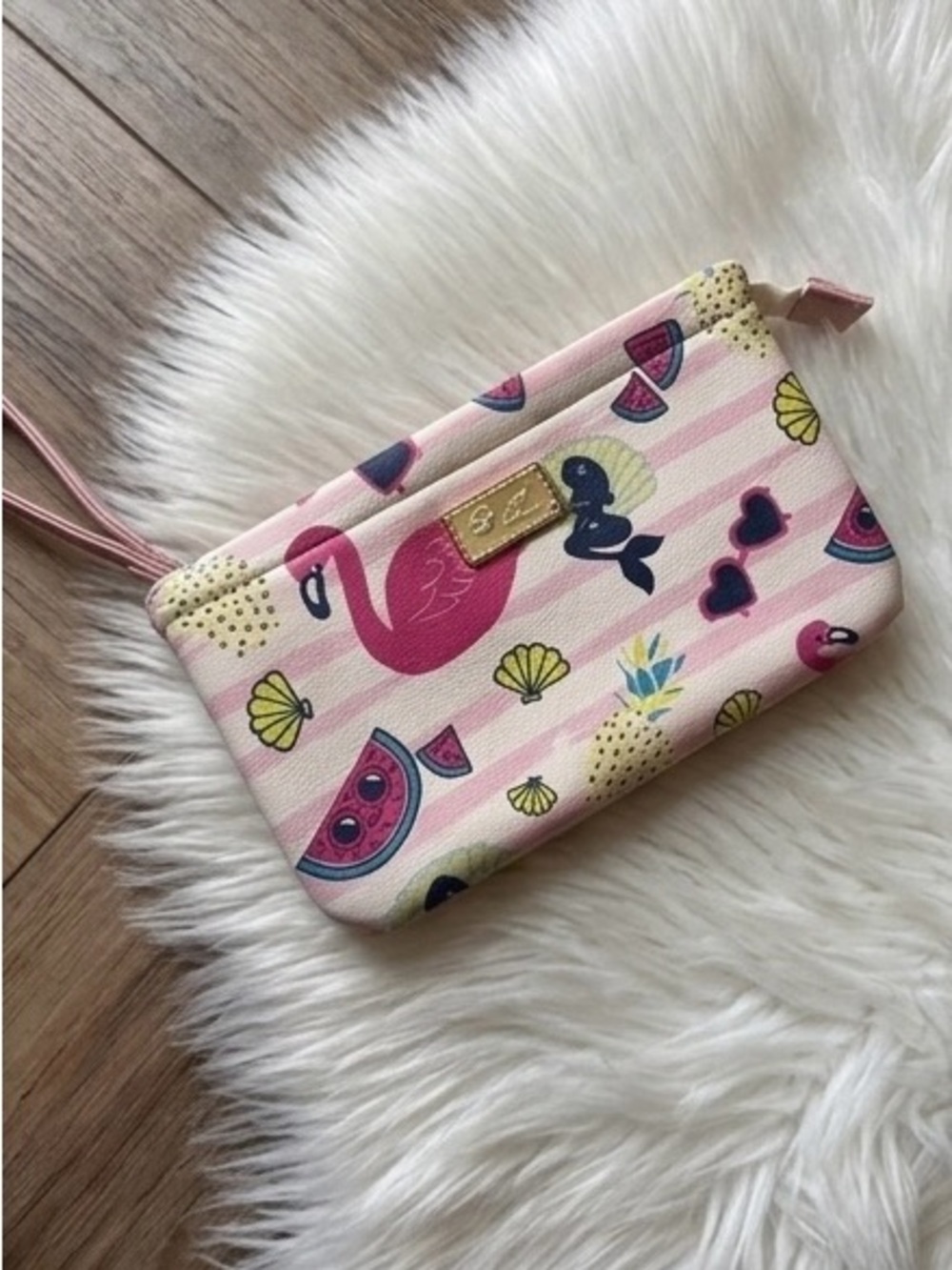 Betsey Johnson Pink Multi Flamingo Print Wristlet Clutch